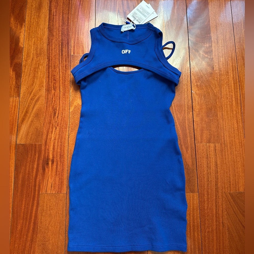 Blue Stamped Ribbed Cut Out Dress Size